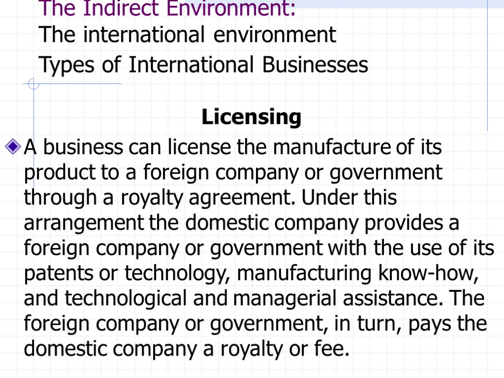 The Indirect Environment: The international environment Types of International Businesses Licensing A business can